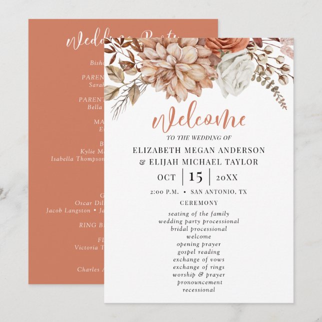 Convite Programa de Casamento Floral Terracotta (Frente/Verso)