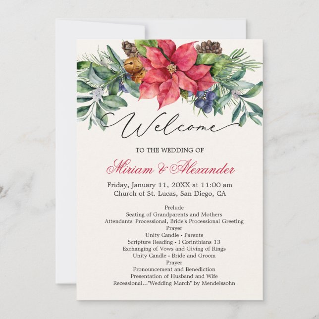 Convite Programa de Casamento Folhagem Verde Poinsettia (Frente)