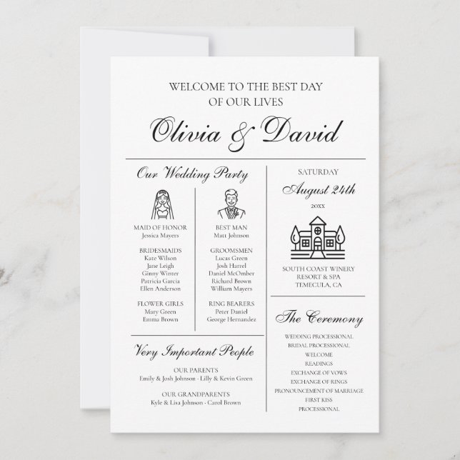 Convite Programa de Casamento Infográfico Único e Moderno  (Frente)