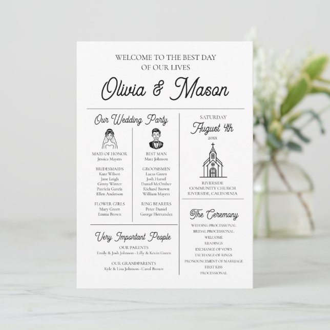 Convite Programa de Casamento Infográfico Único e Moderno  (Em pé/Frente)