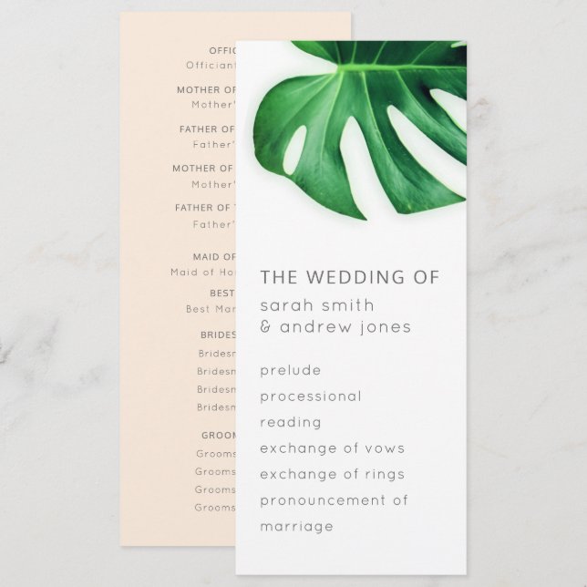 Convite Programa de Casamento Minimalista de Folha de Palm (Frente/Verso)