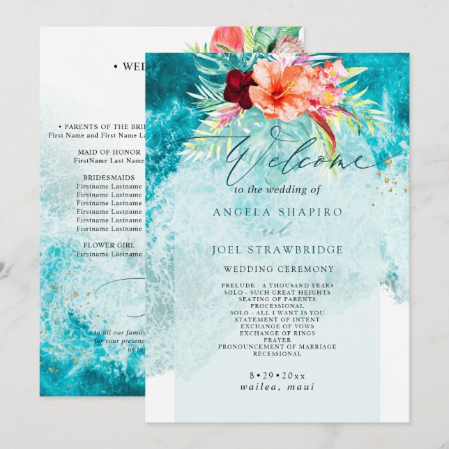 Convite Programa de Casamento na Praia do Paraíso Tropical (Frente/Verso)