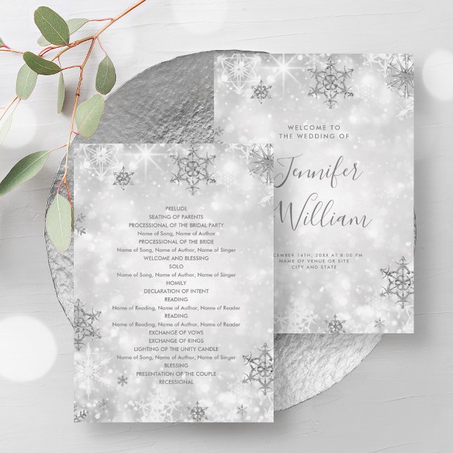 Convite Programa de Casamento no inverno de Prata Festiva  (Festive Sparkle Silver Winter Wedding Program)