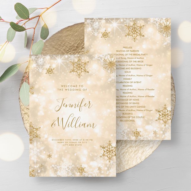 Convite Programa de Casamento no inverno Dourado Festivo S (Festive Sparkle Gold Winter Wedding Program)