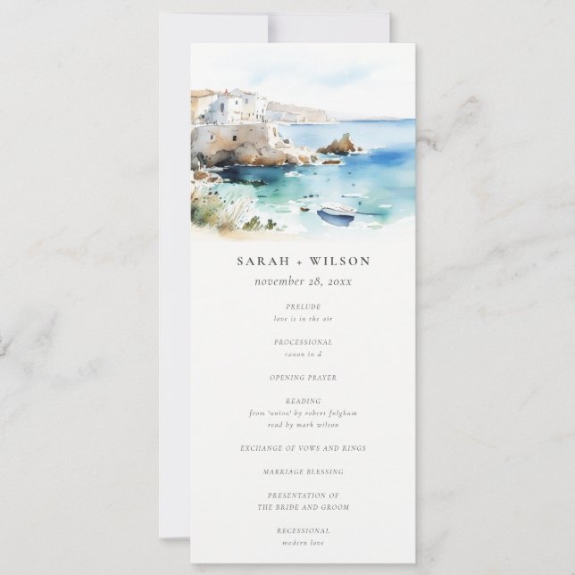 Convite Programa de Casamento Paisagem Aquarela da Puglia, (Frente)