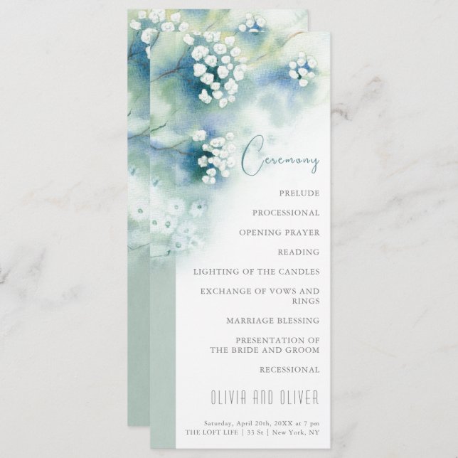 Convite Programa de Casamento para Flores Brancas Pequenas (Frente/Verso)