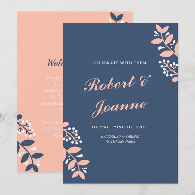 Convite Programa de Casamento Rosa Azul (Frente/Verso)