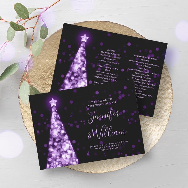 Convite Programa de Casamento Roxo da Árvore Festiva do Xm (Festive Xmas Tree Purple Wedding Program)