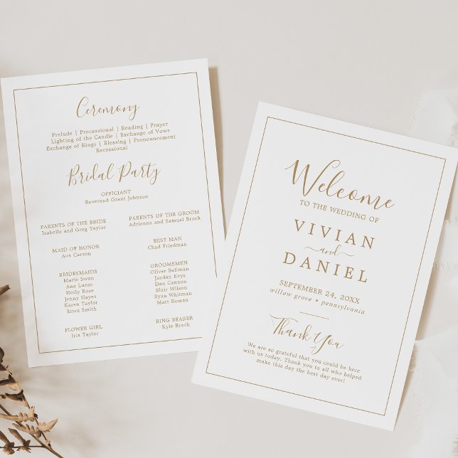 Convite Programa de Casamento Simples e Dourado Minimalist (Minimalist Gold Simple Printable Wedding Program)