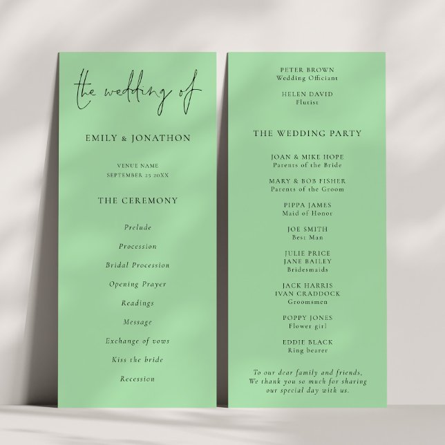 Convite Programa de Casamento Verde Caledon de Script Mode (Front and back view)
