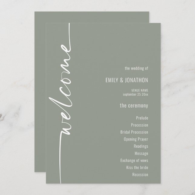 Convite Programa de Casamento Verde da Caligrafia Rotulada (Frente/Verso)