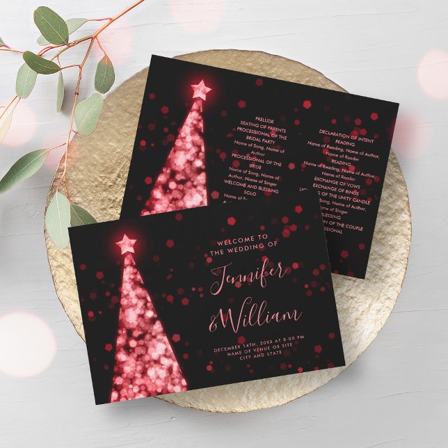 Convite Programa de Casamento Vermelho Negro Vermelho da Á (Festive Xmas Tree Red Black Wedding Program)