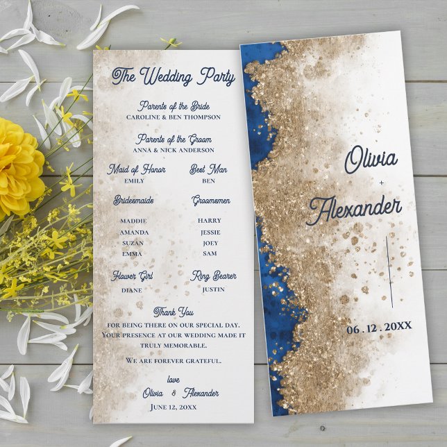Convite Programa de Cerimônia de Casamento Abstrato Dourad (Royal Blue Gold Wedding Program Card | Elegant Formal Ceremony Program)