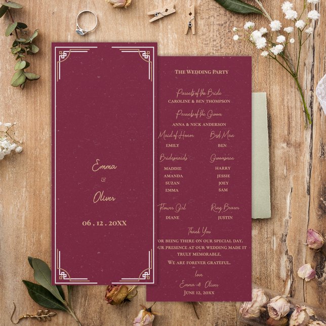 Convite Programa de Cerimônia de Casamento Art Déco em Dou (Burgundy Gold Art Deco Wedding Program Black Tie Ceremony Program Card)