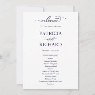 Convite Programa de Cerimônia de Casamento Chic Azul Marin