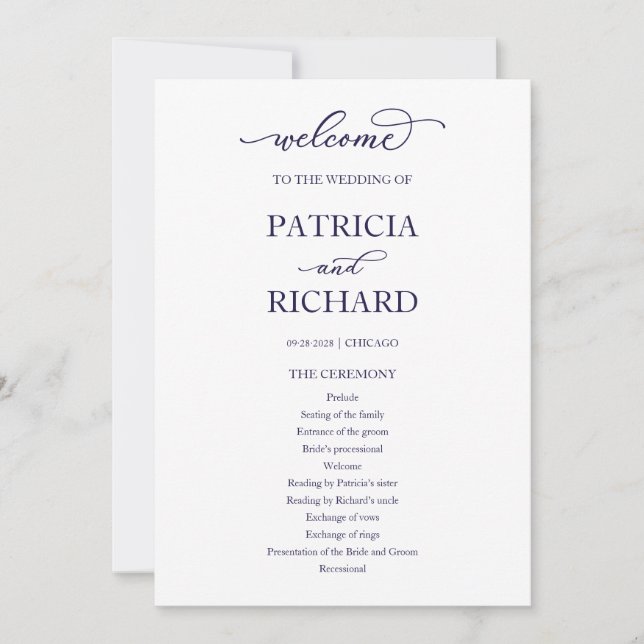 Convite Programa de Cerimônia de Casamento Chic Azul Marin (Frente)