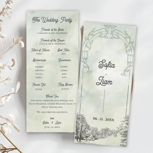 Convite Programa de Cerimônia de Casamento com Arco de Jar (Sage Green Garden Arch Wedding Program | Elegant Botanical Ceremony Card)