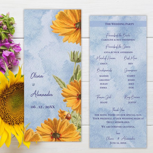 Convite Programa de Cerimônia de Casamento com Girassóis e (Watercolor Sunflower Wedding Program Card Summer Countryside Ceremony Program)