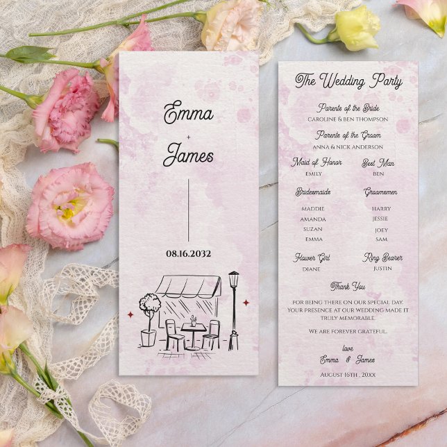 Convite Programa de Cerimônia de Casamento Desenho Café Ro (Romantic Café Sketch Wedding Ceremony Program)