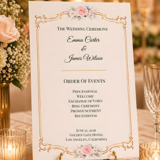 Convite Programa de Cerimônia de Casamento Elegante Rosa