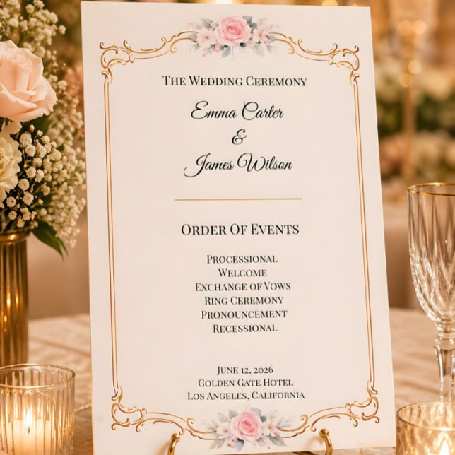 Convite Programa de Cerimônia de Casamento Elegante Rosa (Rococo themed wedding order of events card)