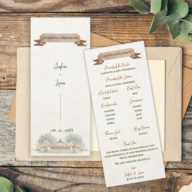 Convite Programa de Cerimônia de Casamento em Tenda Rústic (Boho Outdoor Tent Wedding Program Card | Rustic Watercolor Camp Ceremony Order of Events Card)