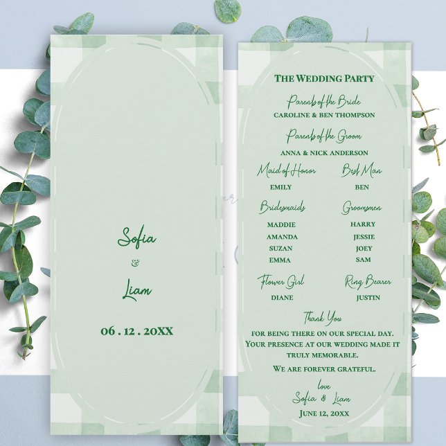 Convite Programa de Cerimônia de Casamento em Xadrez Verde (Sage Green Gingham Wedding Program | Garden Party Ceremony Program Card)