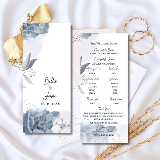 Convite Programa de Cerimônia de Casamento Floral Azul Emp (Dusty Blue Romantic Floral Wedding Program | Elegant Ceremony Program Card )