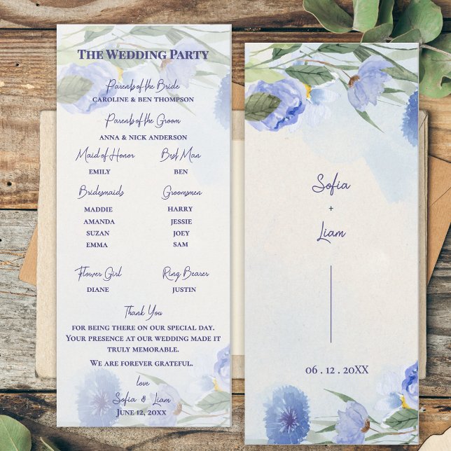 Convite Programa de Cerimônia de Casamento Floral Azul Emp (Dusty Blue Watercolor Floral Wedding Program Card | Elegant Blue Botanical Ceremony Order of Events )