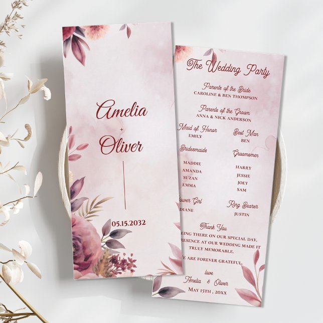 Convite Programa de Cerimônia de Casamento Floral Botânico (Blush Floral Wedding Program | Elegant Romantic Botanical Wedding Ceremony Program)
