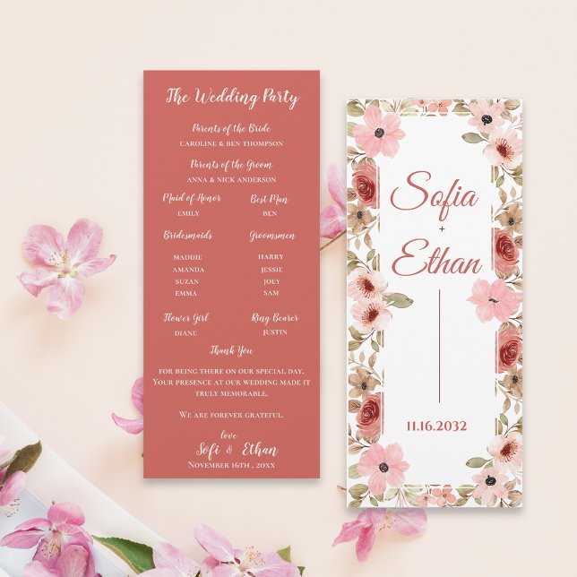 Convite Programa de Cerimônia de Casamento Floral com Rubo (Modern Blush Floral Wedding Ceremony Program)