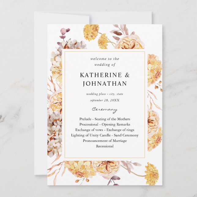 Convite Programa de Cerimônia de Casamento Floral Dourado  (Frente)