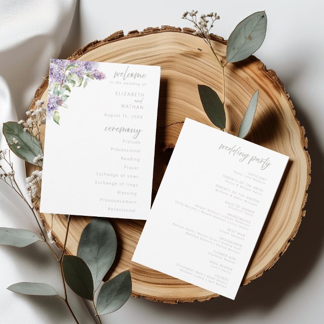 Convite Programa de Cerimônia de Casamento Floral Lilás em (Criador carregado)