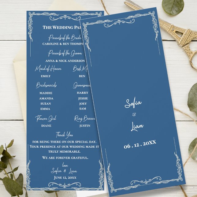 Convite Programa de Cerimônia de Casamento Gravata Preta A (Dusty Blue Wedding Program Card Elegant Black Tie Ceremony Program Classic Wedding Program)