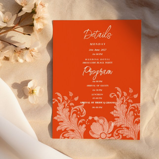 Convite Programa de detalhes de renda floral laranja canel (Cinnamon orange white floral lace Details Program )
