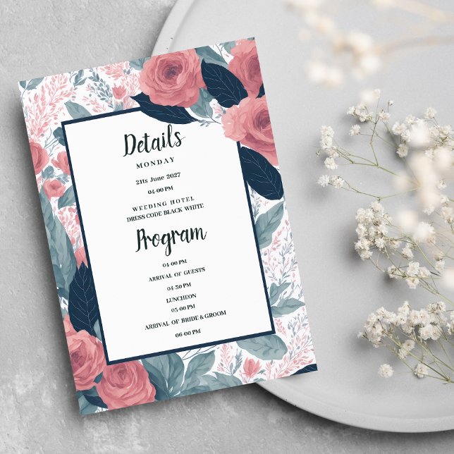 Convite Programa de detalhes florais rosa azul naval aquar (Watercolor navy blue pink floral Details Program)