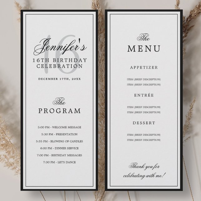Convite Programa de festa de aniversário de 16 anos + Menu (Elegant 16th Birthday Party Program + Menu )