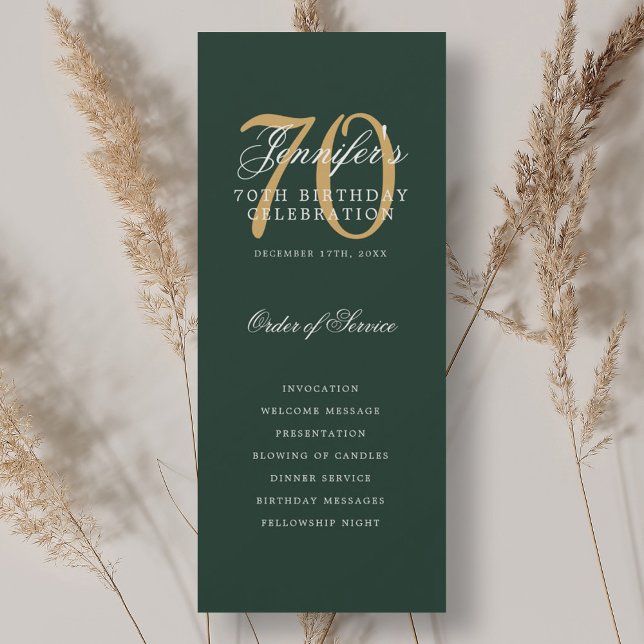 Convite Programa de Festa de Aniversário de 70 anos Elegan (Elegant 70th Birthday Party Program Gold Green )