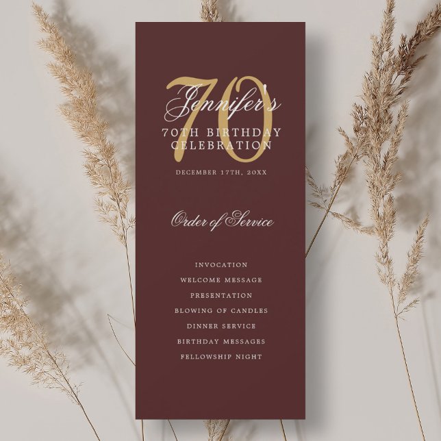 Convite Programa de Festa de Aniversário de 70 anos Elegan (Elegant 70th Birthday Party Program Burgundy Gold )
