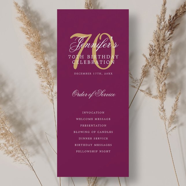 Convite Programa de Festa de Aniversário de 70 anos Elegan (Elegant 70th Birthday Party Program Magenta Gold )