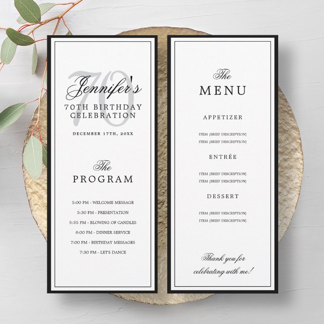 Convite Programa de festa de aniversário de 70 anos + Menu (Elegant 70th Birthday Party Program + Menu )