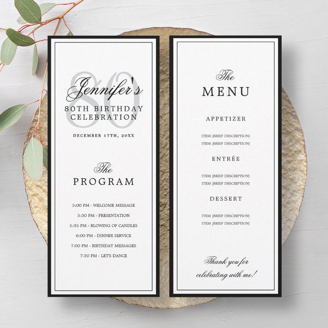 Convite Programa de festa de aniversário de 80 anos + Menu (Elegant 80th Birthday Party Program + Menu )