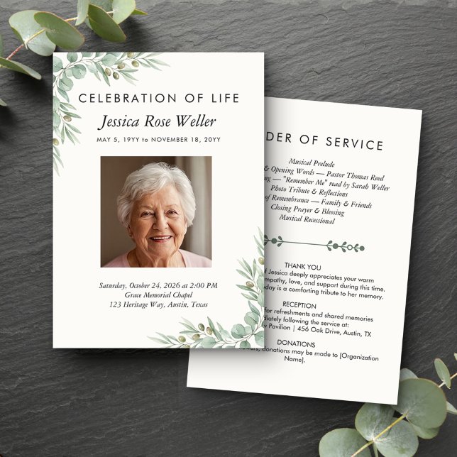 Convite Programa de Fotos de Celebração da Vida com Eucali (Order of Service card from the Eucalyptus Celebration of Life collection by Darling & May)