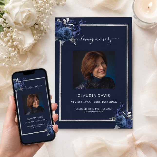 Convite Programa de funeral com flores azul marinho e foto (Criador carregado)