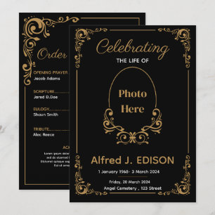 Convite Programa de Funeral Preto Dourado, Memorial de Fun