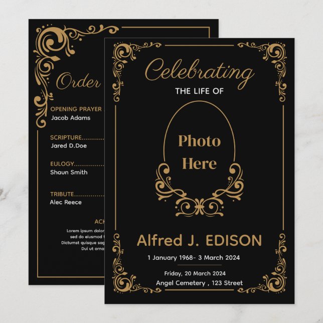 Convite Programa de Funeral Preto Dourado, Memorial de Fun (Frente/Verso)