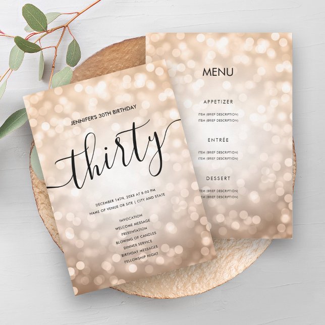 Convite Programa de Menu Aniversário das Luzes Leves Doura (Rose Gold Glitter Lights 30 Birthday Menu Program)