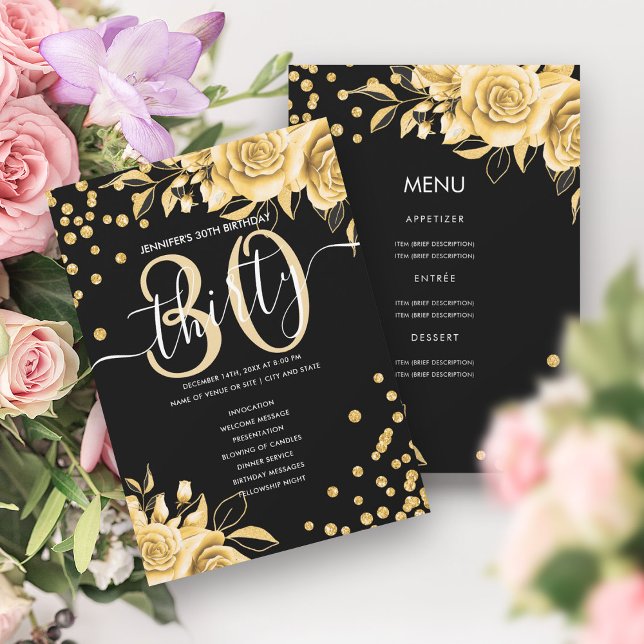 Convite Programa de Menu Aniversário do Dourado Black Flor (Gold Black Floral Glitter 30 Birthday Menu Program)