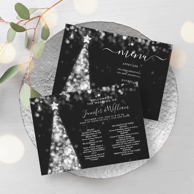 Convite Programa de Menu Casamento de Prata de Árvore Fest (Festive Xmas Tree Silver Wedding Menu Program)