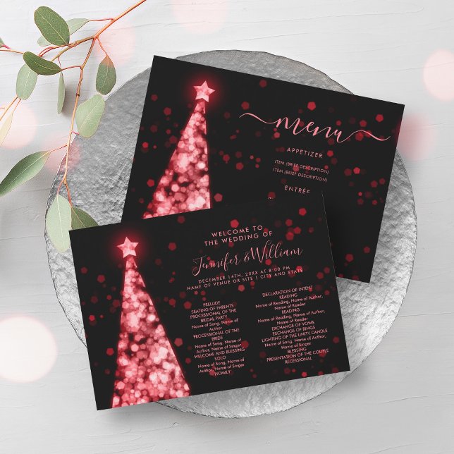 Convite Programa de Menu Casamento Vermelho Negro Vermelho (Festive Xmas Tree Red Black Wedding Menu Program)